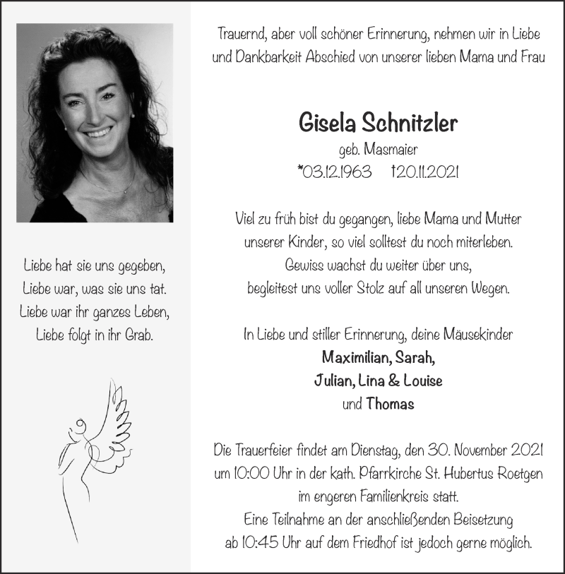  Traueranzeige für Gisela Schnitzler vom 27.11.2021 aus Aachener Zeitung / Aachener Nachrichten