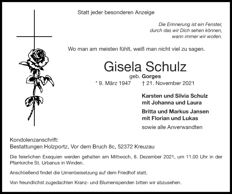  Traueranzeige für Gisela Schulz vom 28.11.2021 aus Zeitung am Sonntag
