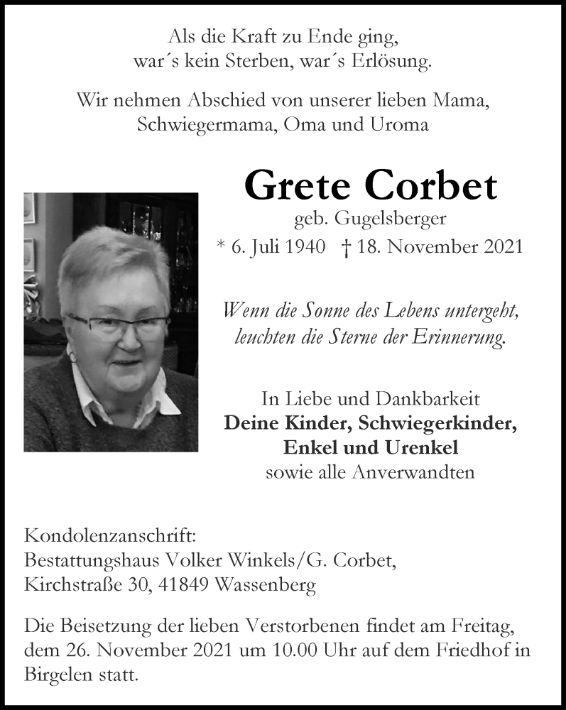  Traueranzeige für Grete Corbet vom 21.11.2021 aus Zeitung am Sonntag