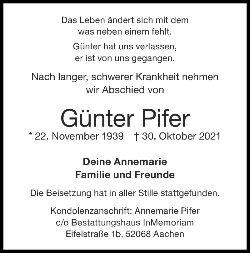  Traueranzeige für Günter Pifer vom 28.11.2021 aus Zeitung am Sonntag