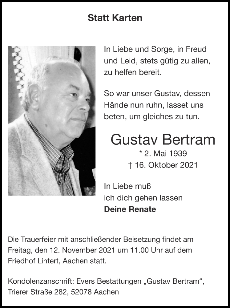  Traueranzeige für Gustav Bertram vom 07.11.2021 aus Zeitung am Sonntag