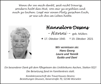 Traueranzeige von Hannelore Desens von Zeitung am Sonntag