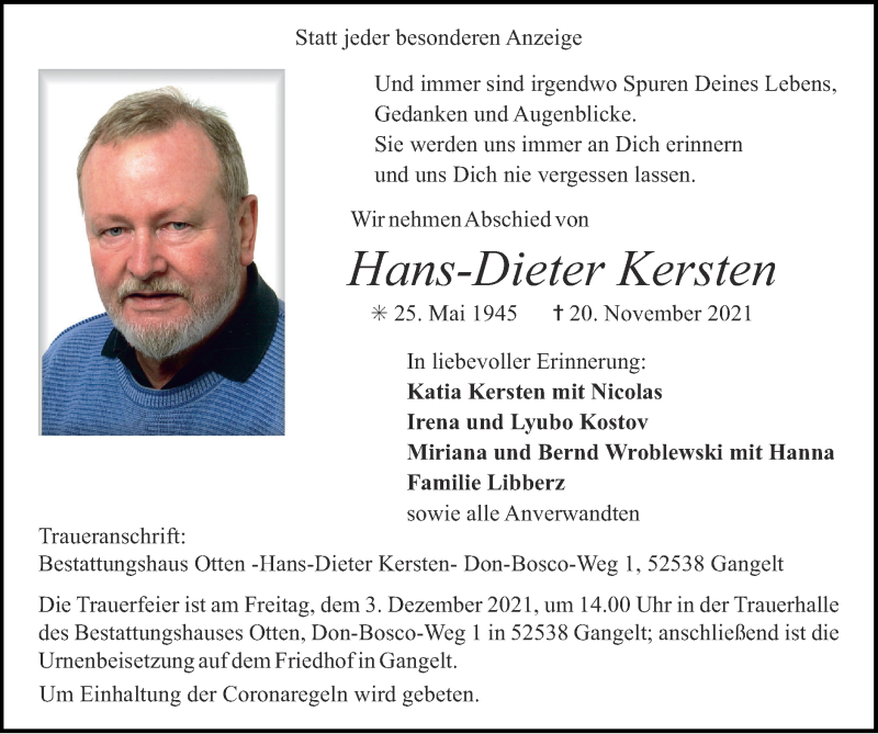 Traueranzeige für Hans-Dieter Kersten vom 28.11.2021 aus Zeitung am Sonntag