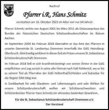 Traueranzeige von Hans Schmitz von Zeitung am Sonntag