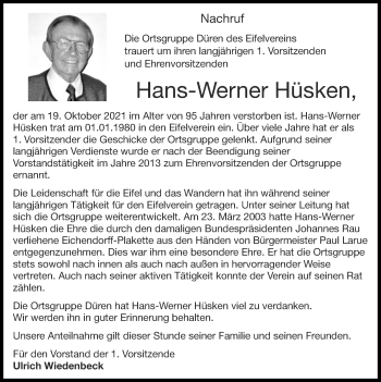 Traueranzeige von Hans-Werner Hüsken von Zeitung am Sonntag