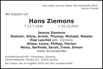 Traueranzeige von Hans Ziemons von Zeitung am Sonntag