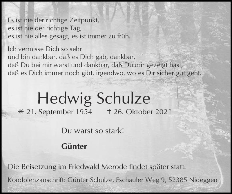  Traueranzeige für Hedwig Schulze vom 14.11.2021 aus Zeitung am Sonntag