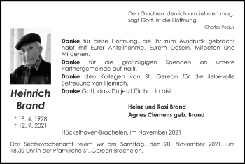 Traueranzeige von Heinrich Brand von Zeitung am Sonntag