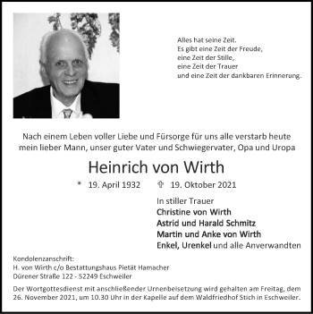 Traueranzeige von Heinrich von Wirth von Zeitung am Sonntag