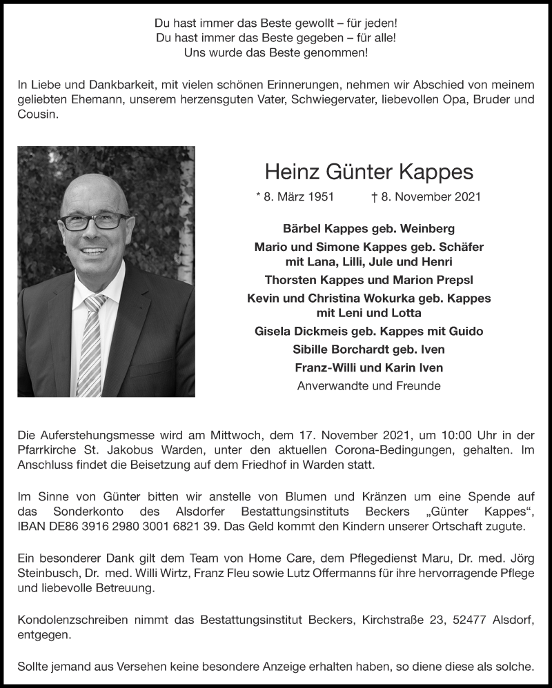  Traueranzeige für Heinz Günter Kappes vom 14.11.2021 aus Zeitung am Sonntag