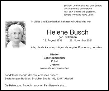 Traueranzeige von Helene Busch von Zeitung am Sonntag