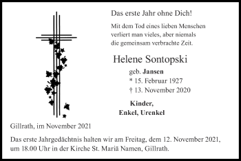 Traueranzeige von Helene Sontopski von Zeitung am Sonntag