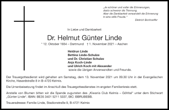 Traueranzeige von Helmut Günter Linde von Aachener Zeitung / Aachener Nachrichten