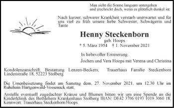 Traueranzeige von Henny Steckenborn von Zeitung am Sonntag