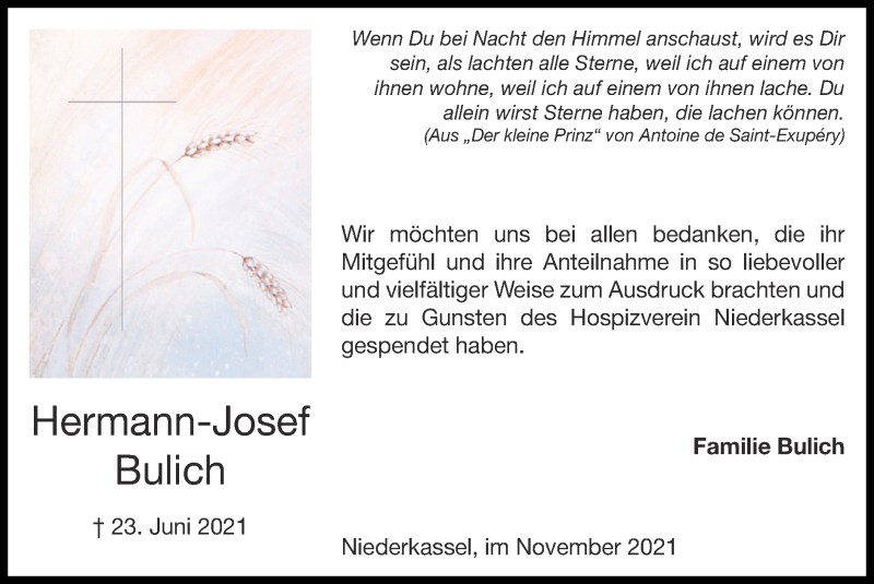  Traueranzeige für Hermann-Josef Bulich vom 14.11.2021 aus Zeitung am Sonntag