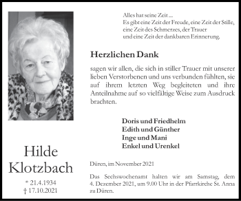 Traueranzeige von Hilde Klotzbach von Zeitung am Sonntag