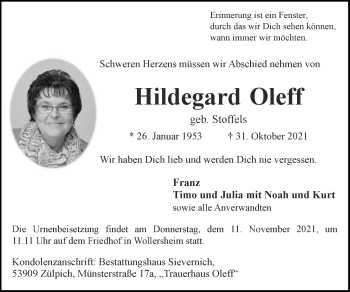 Traueranzeige von Hildegard Oleff von Zeitung am Sonntag