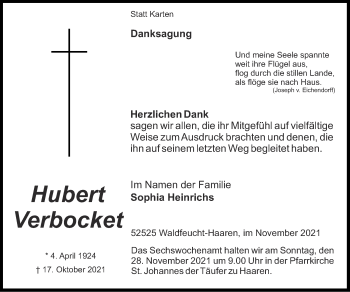 Traueranzeige von Hubert Verbocket von Zeitung am Sonntag