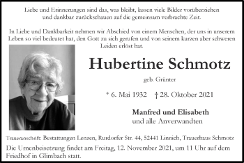Traueranzeige von Hubertine Schmotz von Zeitung am Sonntag