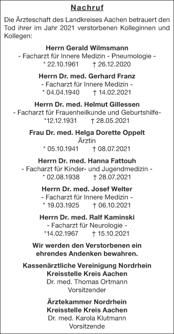 Traueranzeige von Im Gedenken Ärzteschaft  von Aachener Zeitung / Aachener Nachrichten