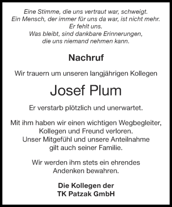 Traueranzeige von Josef Plum von Zeitung am Sonntag