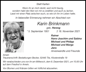 Traueranzeige von Karin Brinkmann von Zeitung am Sonntag