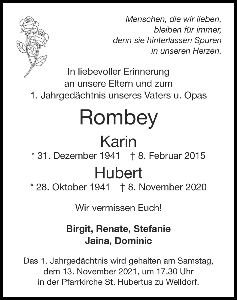  Traueranzeige für Karin Rombey vom 07.11.2021 aus Zeitung am Sonntag