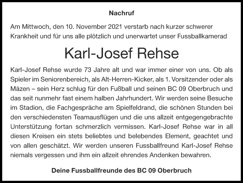  Traueranzeige für Karl-Josef Rehse vom 21.11.2021 aus Zeitung am Sonntag