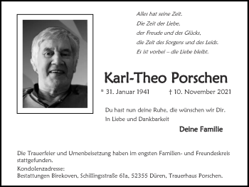 Traueranzeige von Karl-Theo Porschen von Zeitung am Sonntag