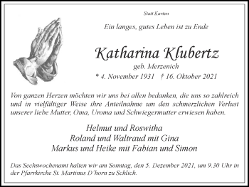 Traueranzeige von Katharina Klubertz von Zeitung am Sonntag