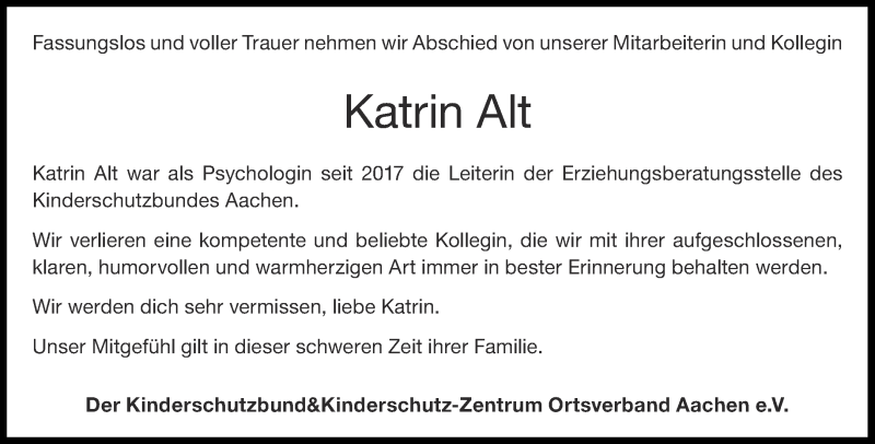  Traueranzeige für Katrin Alt vom 20.11.2021 aus Aachener Zeitung / Aachener Nachrichten
