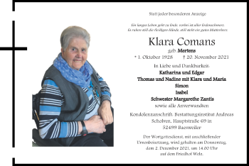 Traueranzeige von Klara Comans von Zeitung am Sonntag