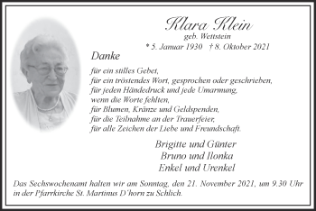 Traueranzeige von Klara Klein von Zeitung am Sonntag