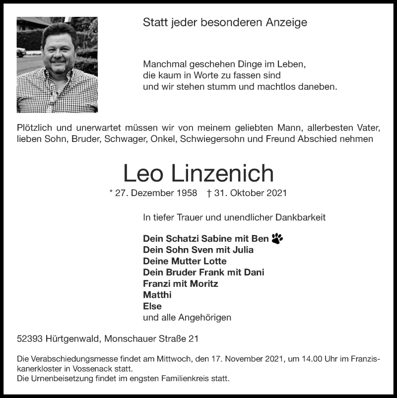  Traueranzeige für Leo Linzenich vom 14.11.2021 aus Zeitung am Sonntag