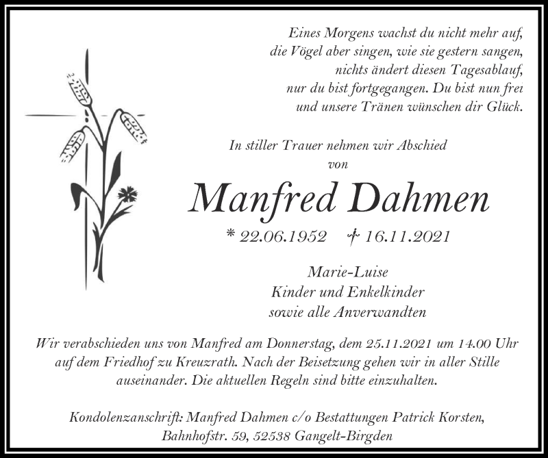  Traueranzeige für Manfred Dahmen vom 21.11.2021 aus Zeitung am Sonntag