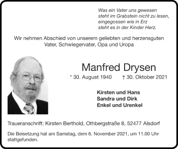 Traueranzeige von Manfred Drysen von Zeitung am Sonntag