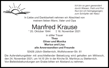Traueranzeige von Manfred Krause von Zeitung am Sonntag