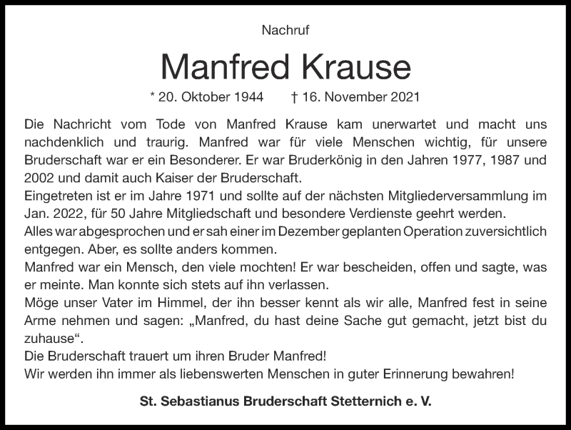  Traueranzeige für Manfred Krause vom 28.11.2021 aus Zeitung am Sonntag