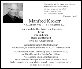 Traueranzeige von Manfred Kroker von Zeitung am Sonntag