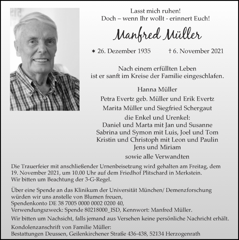  Traueranzeige für Manfred Müller vom 14.11.2021 aus Zeitung am Sonntag