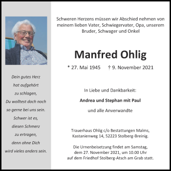 Traueranzeige von Manfred Ohlig von Zeitung am Sonntag