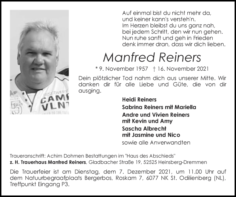 Traueranzeige für Manfred Reiners vom 21.11.2021 aus Zeitung am Sonntag