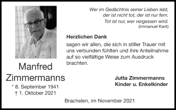 Traueranzeige von Manfred Zimmermanns von Zeitung am Sonntag