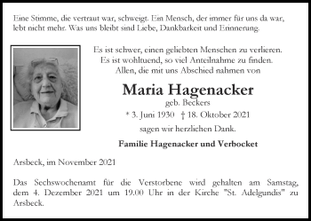 Traueranzeige von Maria Hagenacker von Zeitung am Sonntag