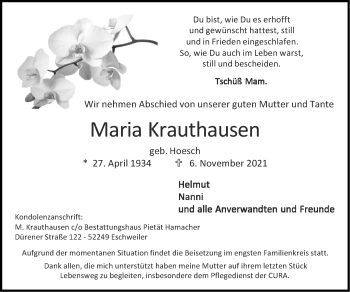 Traueranzeige von Maria Krauthausen von Zeitung am Sonntag