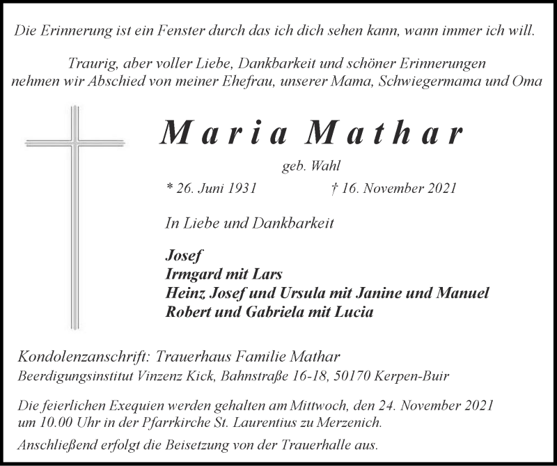  Traueranzeige für Maria Mathar vom 21.11.2021 aus Zeitung am Sonntag