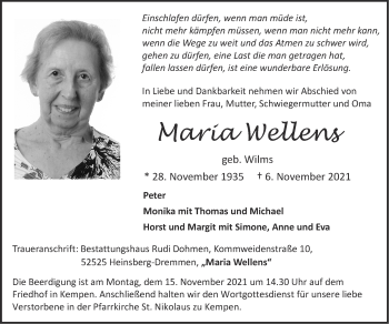 Traueranzeige von Maria Wellens von Zeitung am Sonntag