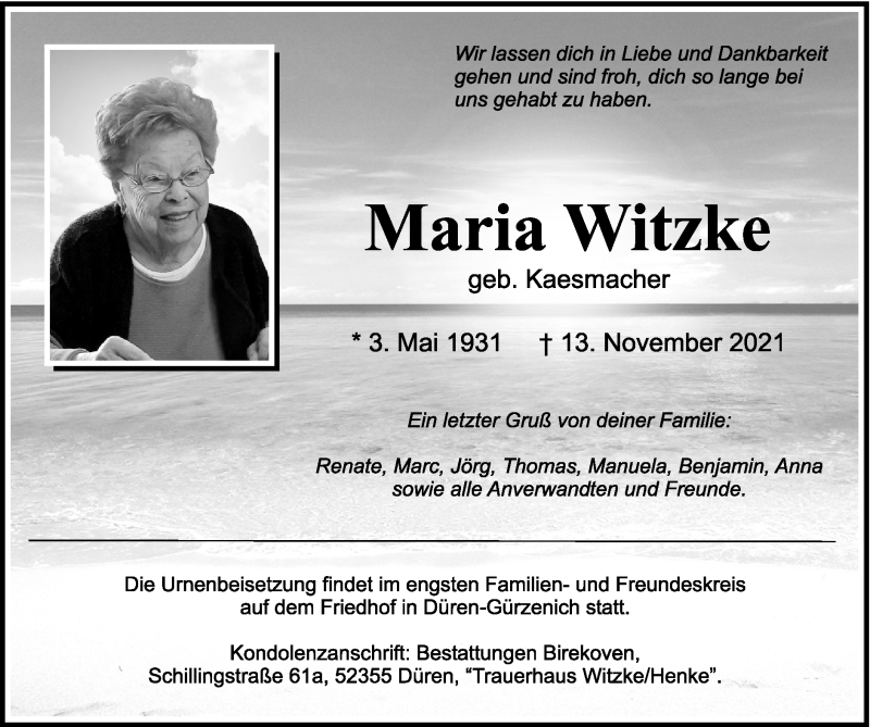  Traueranzeige für Maria Witzke vom 21.11.2021 aus Zeitung am Sonntag