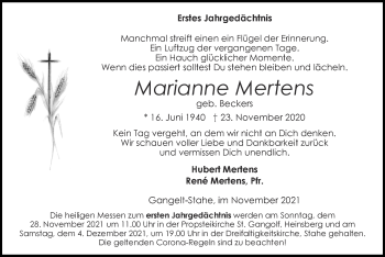 Traueranzeige von Marianne Mertens von Zeitung am Sonntag