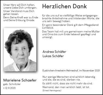 Traueranzeige von Marielene Schaefer von Zeitung am Sonntag